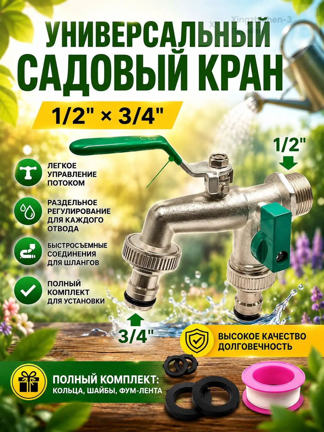 Кран двойной садовый шаровый водоразборный 1/2 уличный для воды
