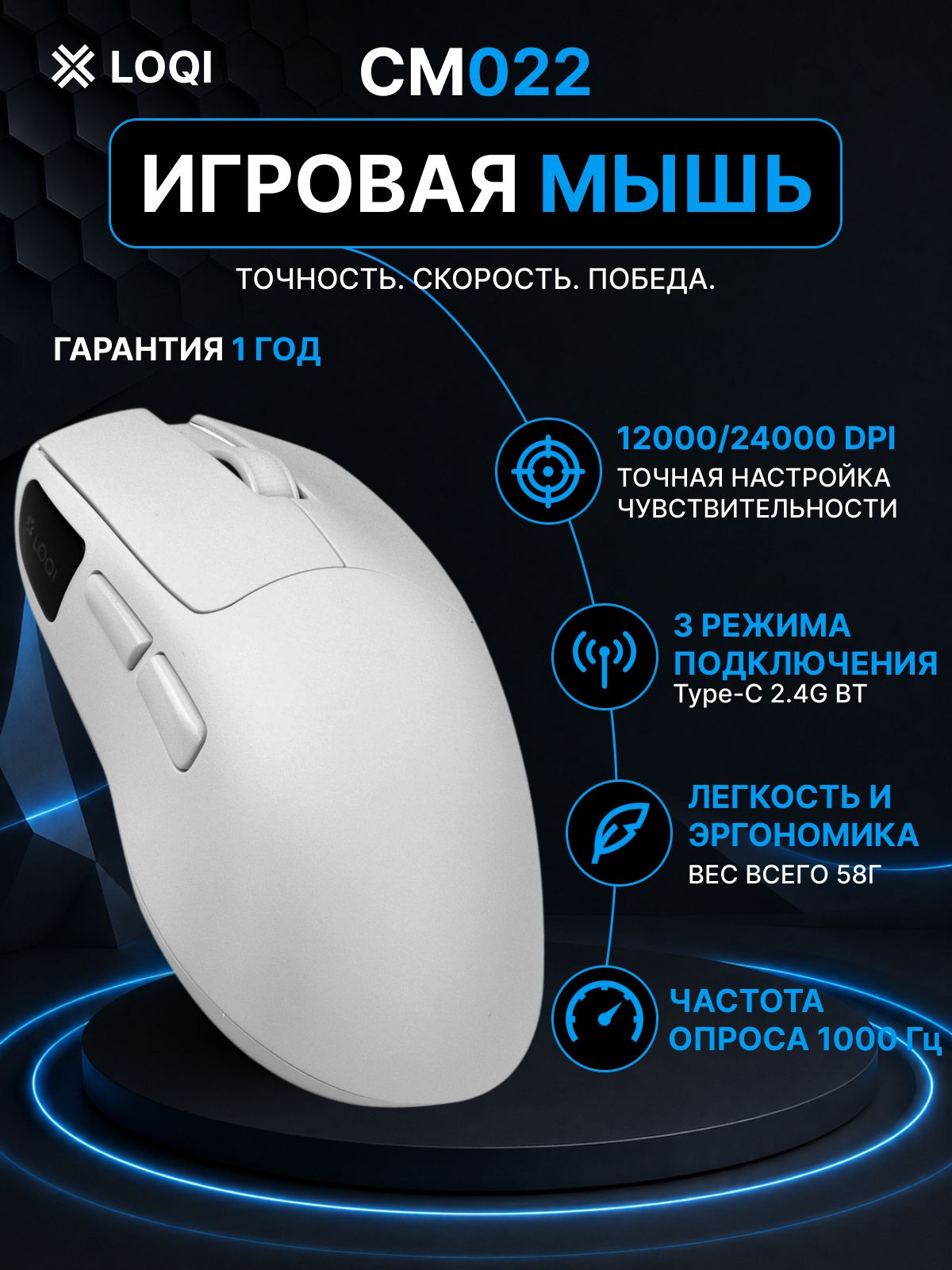 Игровая мышь беспроводная для ПК ноутбука CM022 12000 DPI Bluetooth с дисплеем белая