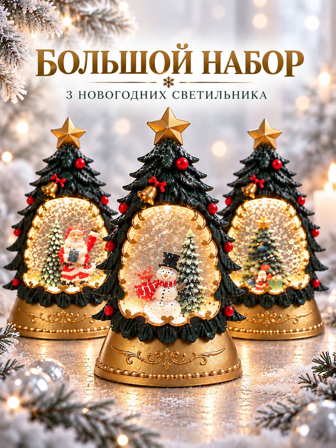 Набор светящихся елочных фонарей на елку "В зимнем лесу", "Дед Мороз", "Снеговик и белочка" 14см (3шт)