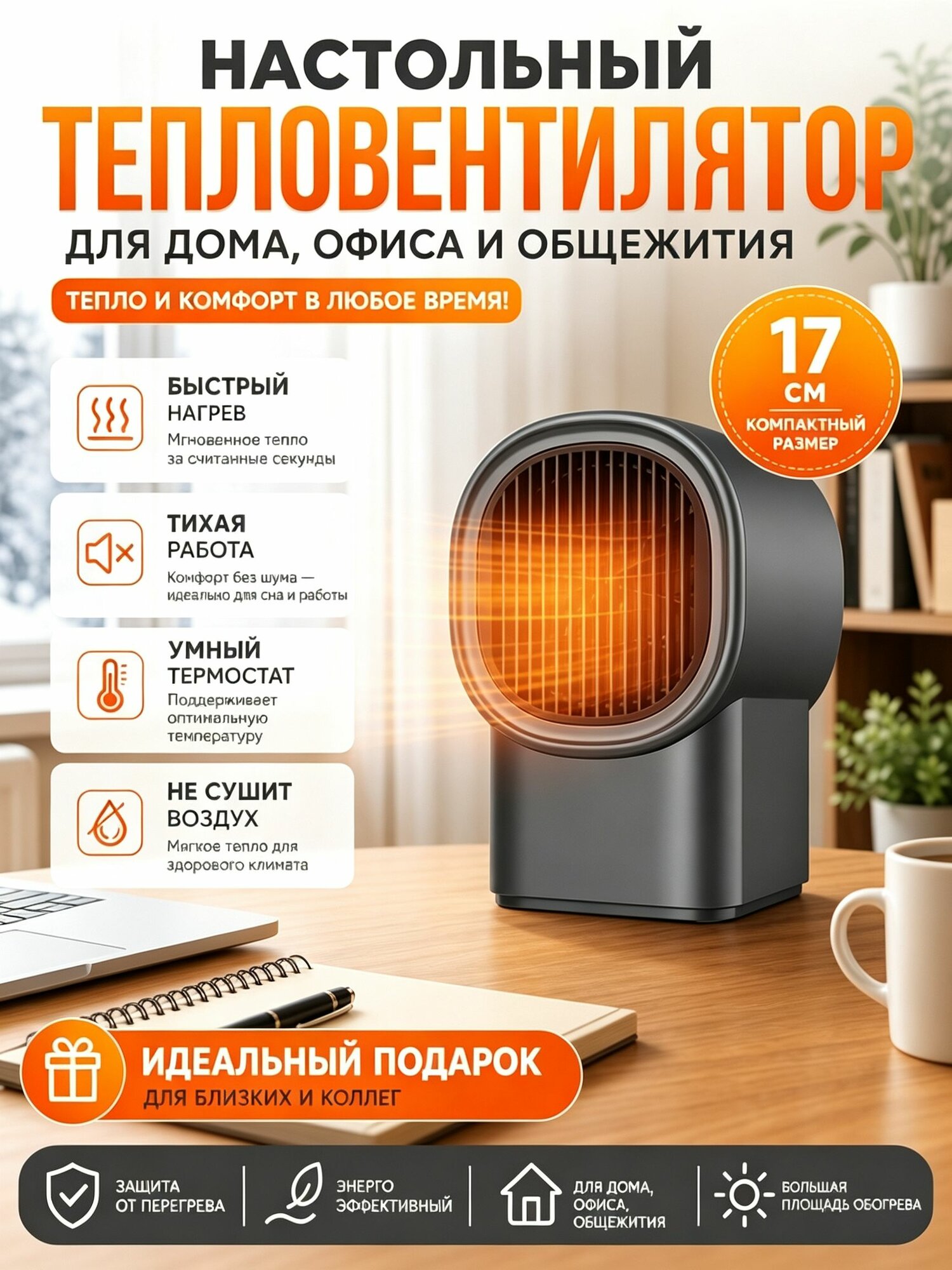 Обогреватель электрический 220Вт для дома, тепловентилятор с быстрым нагревом, тихий обогрев комнаты и офиса
