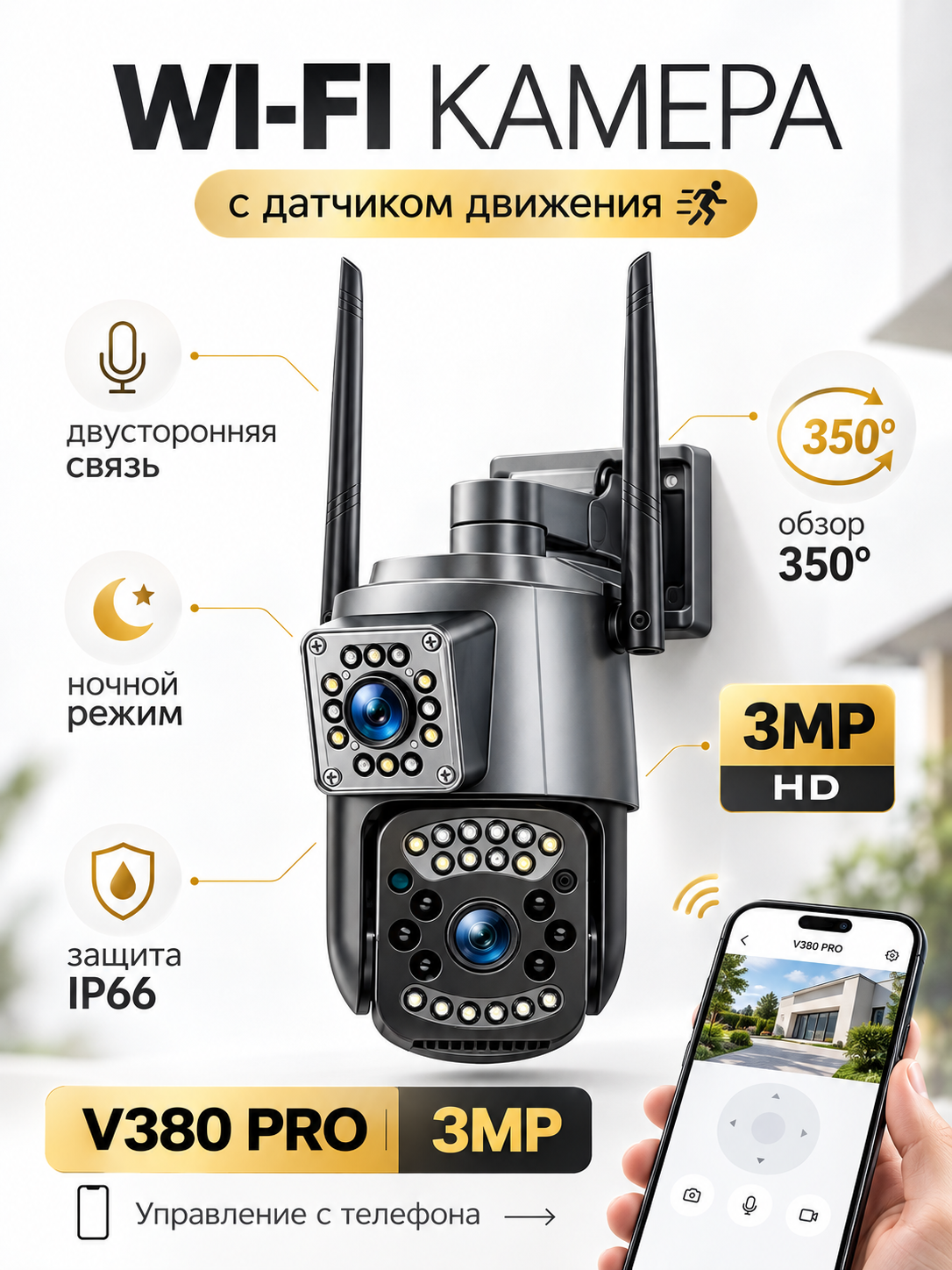 Камера видеонаблюдения WIFI/ двухобъективная/ датчик движения/Ночной режим