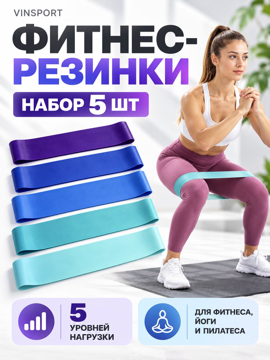 Фитнес резинки набор 5 шт, эспандеры для фитнеса, йоги, пилатеса и тренировок дома