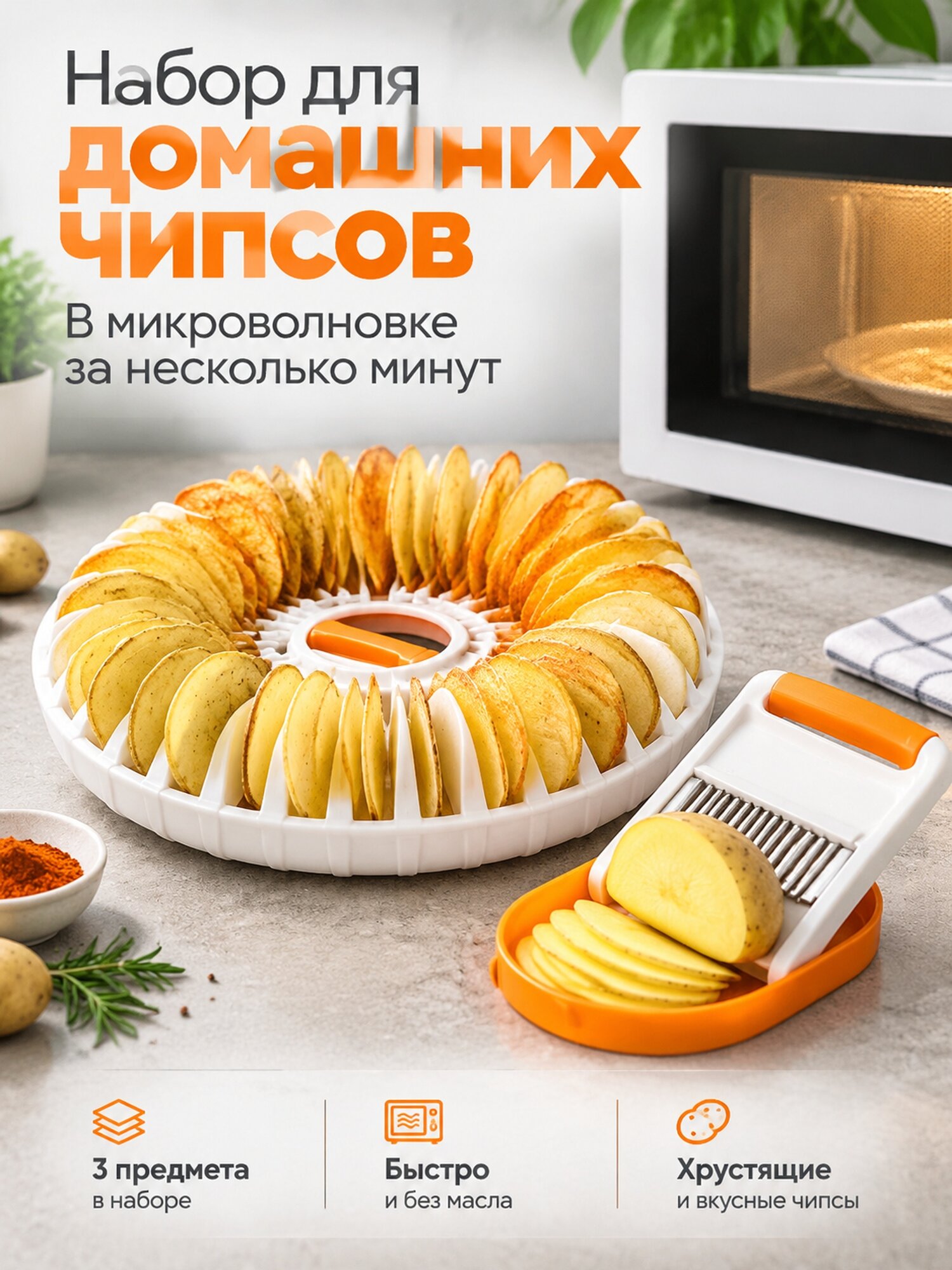 Набор для домашних чипсов в микроволновке с формой и слайсером, 3 предмета