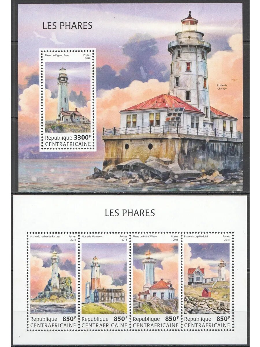 Марки 2018 год ЦАР Маяки Птицы Морская жизнь #7982-5+Бл1796 MNH