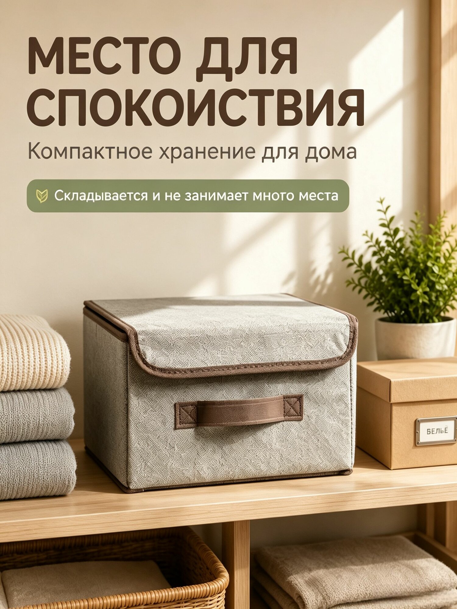 Коробка для хранения вещей тканевая с крышкой и ручкой складная органайзер для шкафа прочная усиленная окантовка
