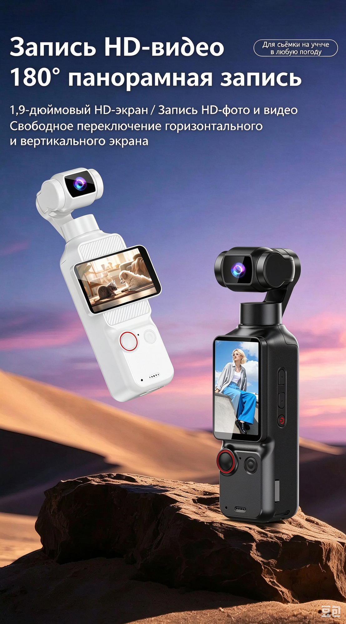 Экшн‑камера 4К, антибликовый дисплей, угол обзора 180°, поворот кронштейна 90°, черная