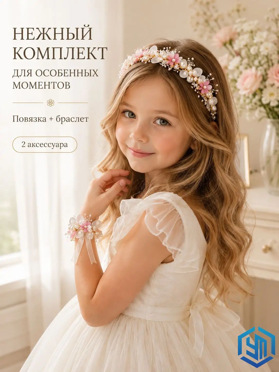 Диадема 1 шт, Артикул: 5632173554, Материал: Пластик, Цвет: Розовое золото с белыми цветами