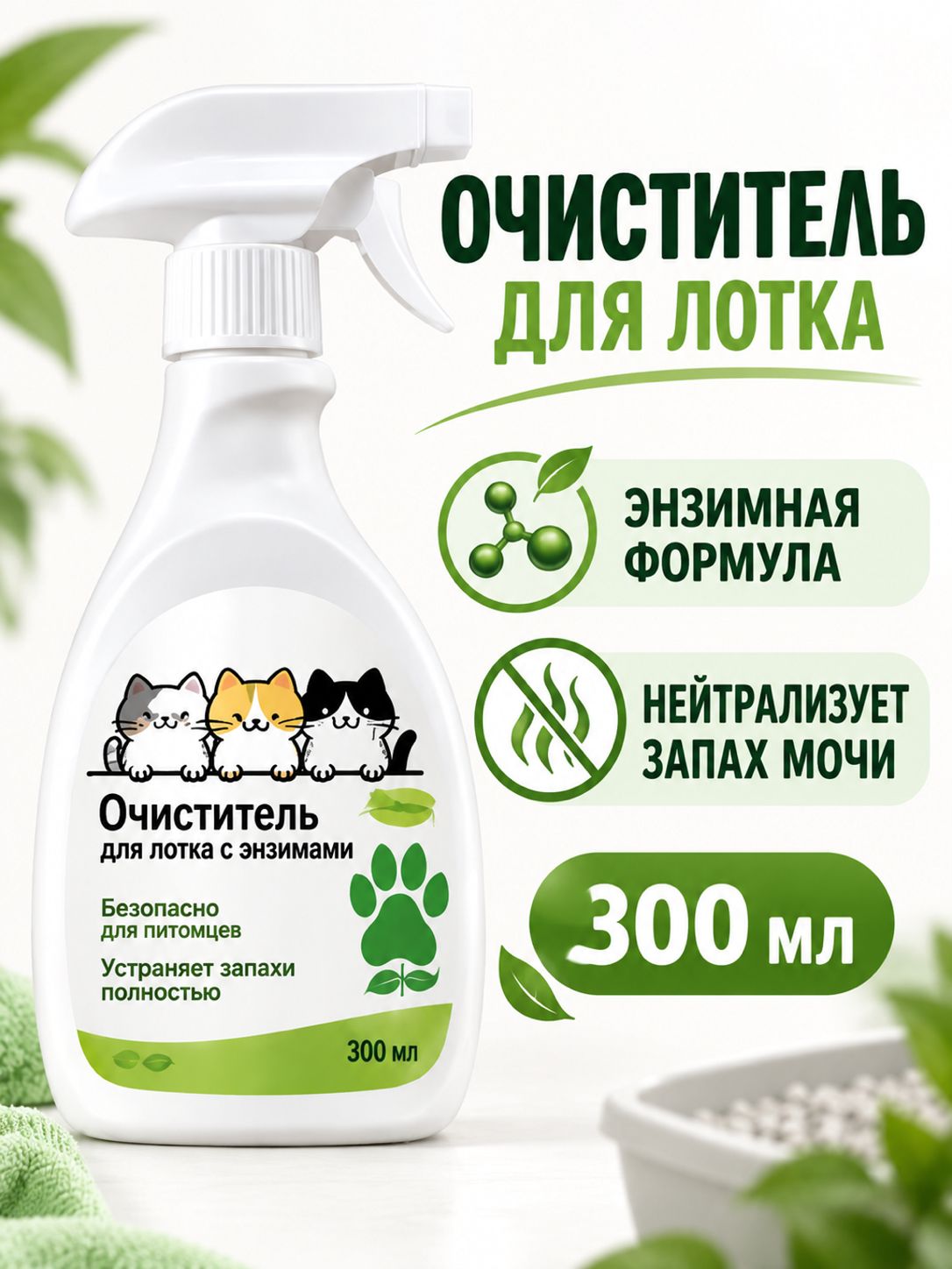 Спрей-очиститель для кошачьего лотка с энзимами, нейтрализатор запаха мочи для дома, 300 мл, 1 флакон