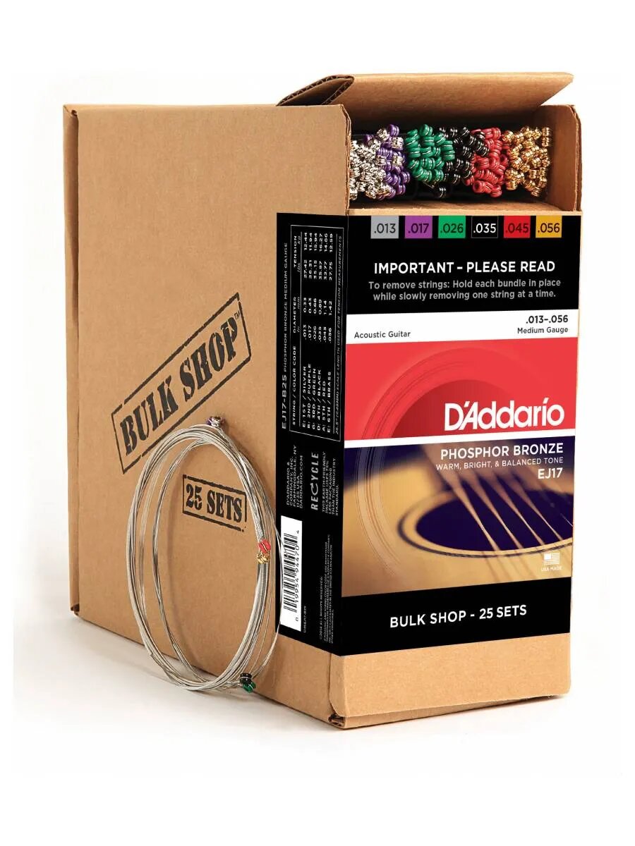 D'ADDARIO EJ17-B25 набор из 25 комплектов струн для акустической гитары, фосфор/бронза, Medium, 13-56
