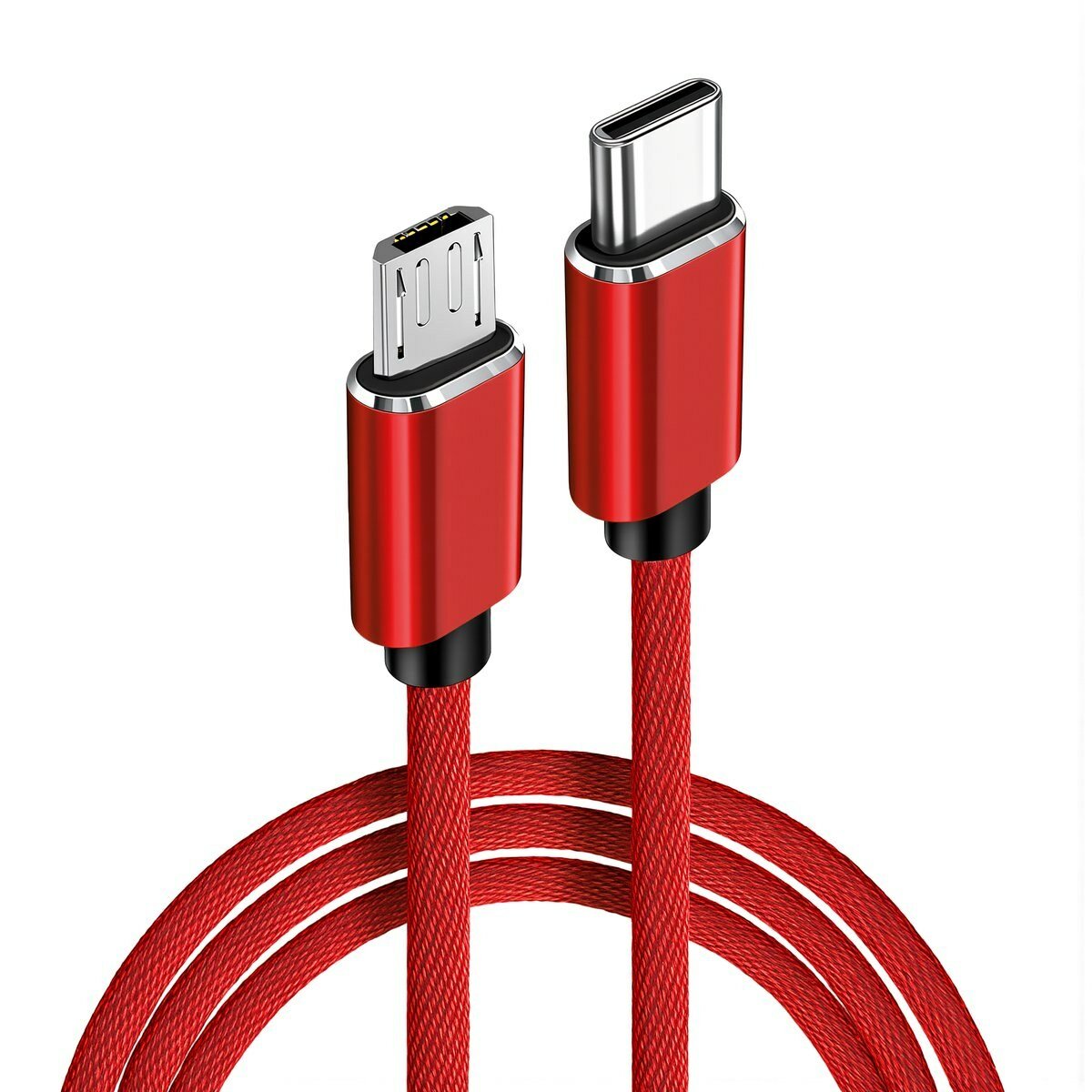 Удобный кабель для частого использования Type C на Micro USB 2.4А чёрный 1 метр плетеный высокая скорость передачи, Type-C к Micro USB кабель (тканевая оплетка, красный), 1 м