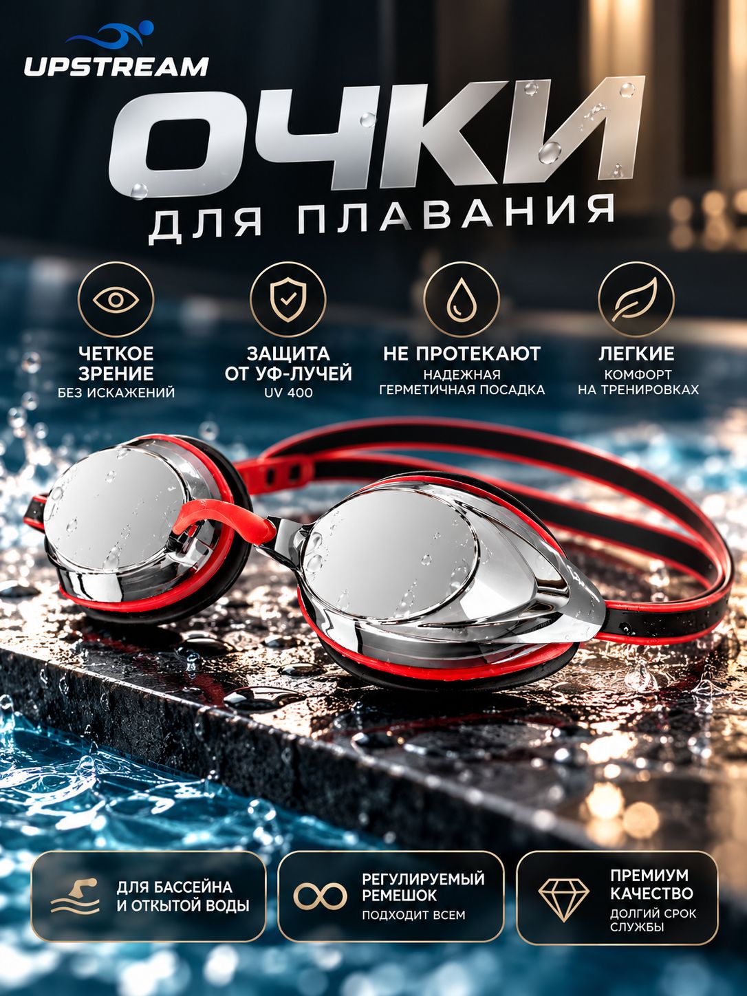 Очки для плавания UPSTREAM, для взрослых и подростков, стартовые, для бассейна, для мужчин и женщин