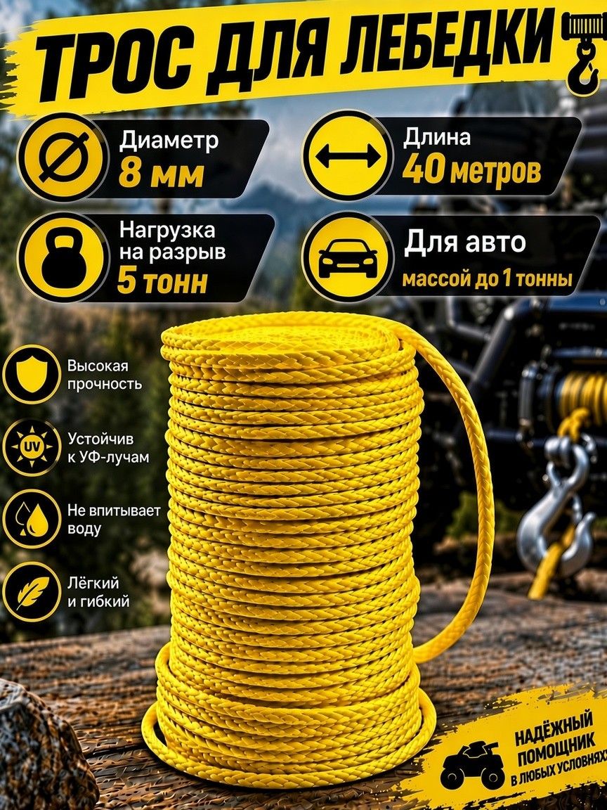 Синтетический трос для лебедки 8 мм на отрез 5 тонн / Кевларовый трос