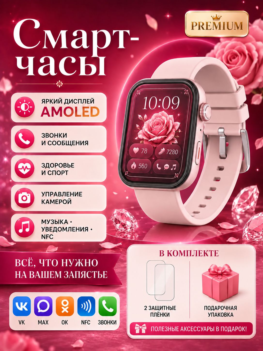 Tooluck Смарт-часы Bluetooth с функцией звонков, измерение пульса, давления, кислорода в крови и температуры, ChatGPT, спорт, уведомления Max/VK, NFC, дистанционная камера, 45mm, FIT розовый
