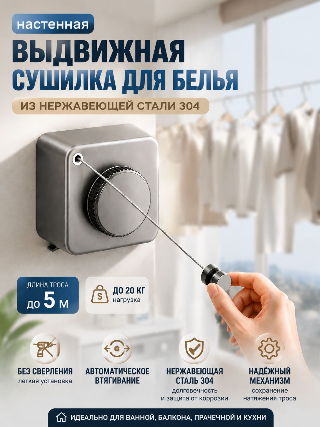 Сушилка для белья настенная выдвижная 5 м, автоматическая бельевая веревка с металлическим тросом, раздвижная сушилка для ванной и балкона, серый