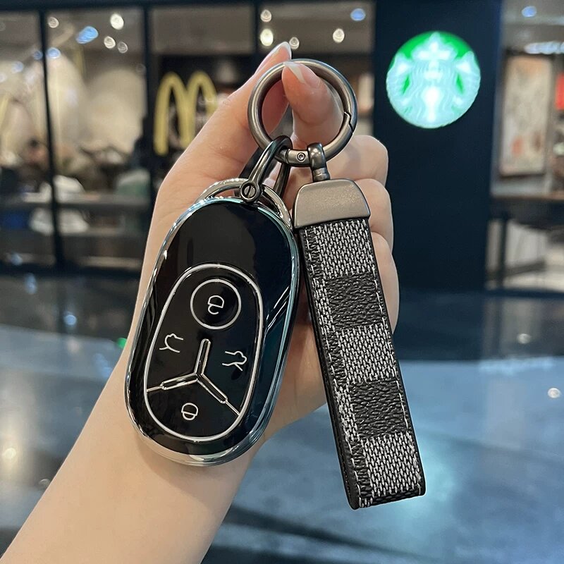 Автомобильный чехол для ключа Geely Star Wish - Черный с клетчатой пряжкой
