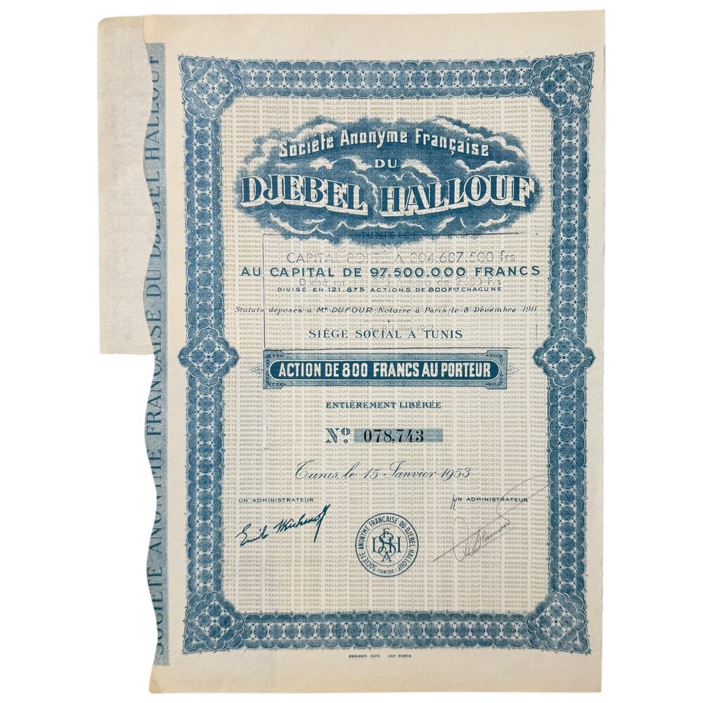 Франция, Djebel Hallouf, серртификат акции на 800 франков 1953 г. (24 купона)