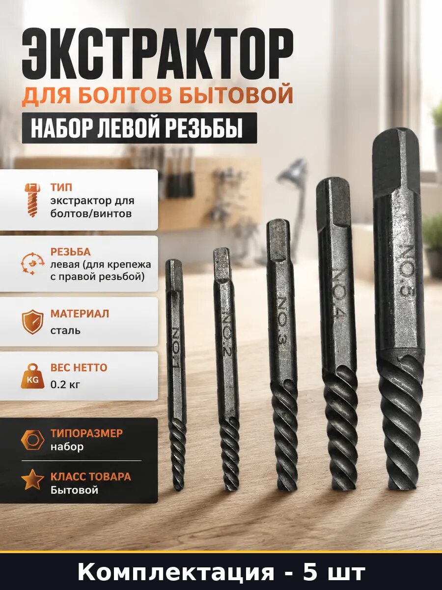 Экстрактор для болтов бытовой 5 шт набор левой резьбы