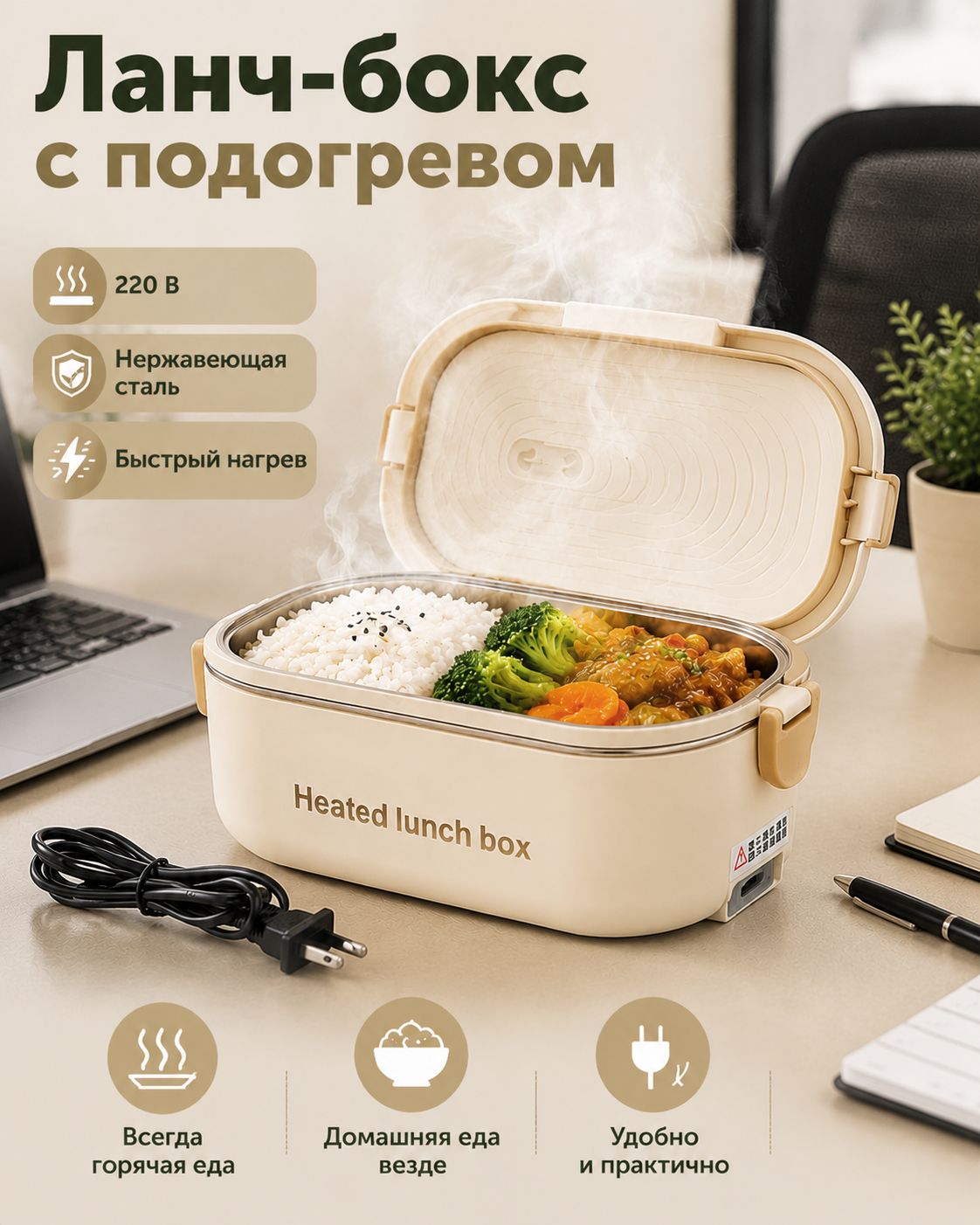Электрический ланч‑бокс из стали 304, кофейный цвет, самонагревающийся мини‑бокс с подогревом для дома и поездок