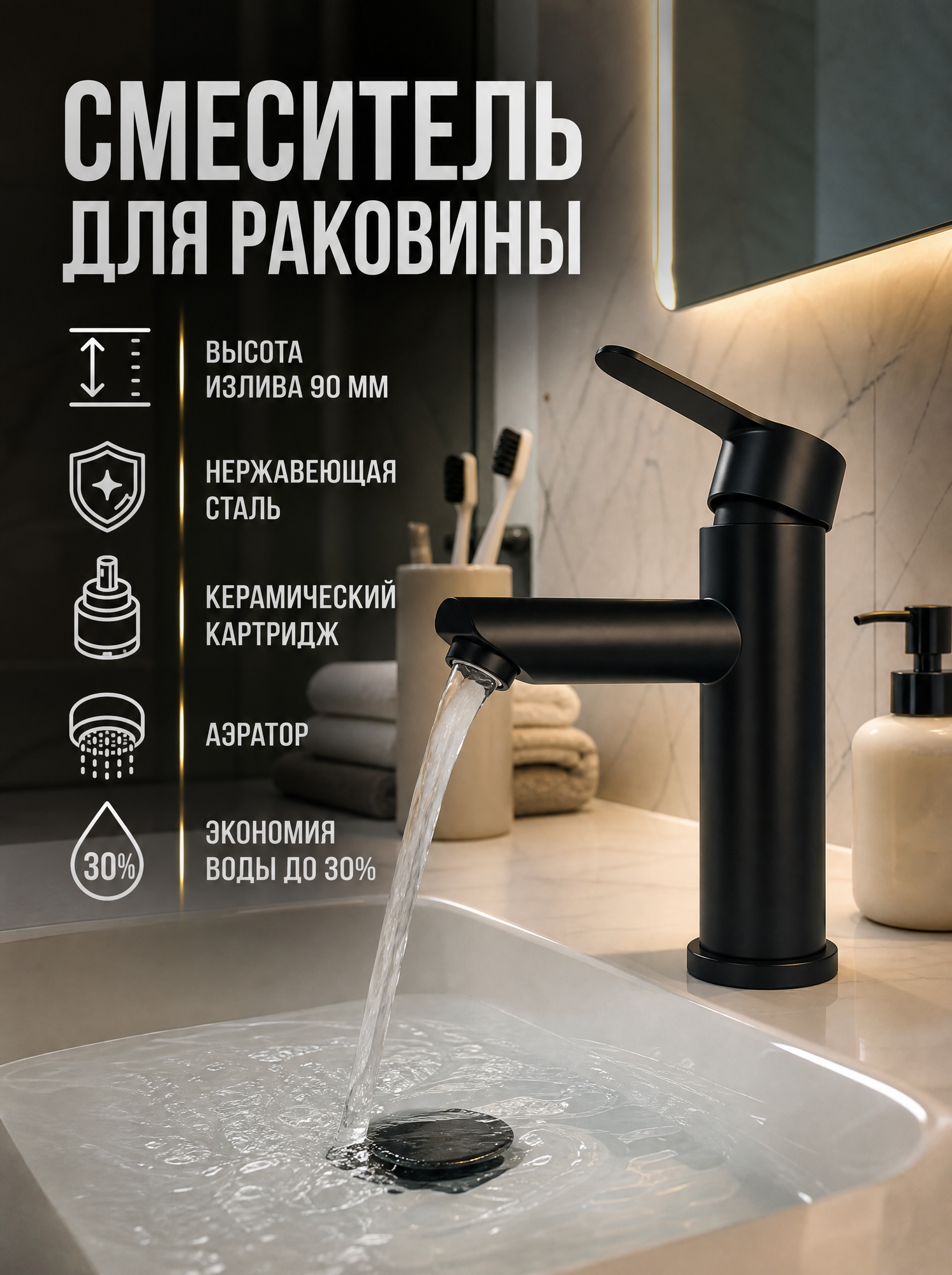 Смеситель для раковины Romeo Black черный матовый, кран для ванной из нержавеющей стали