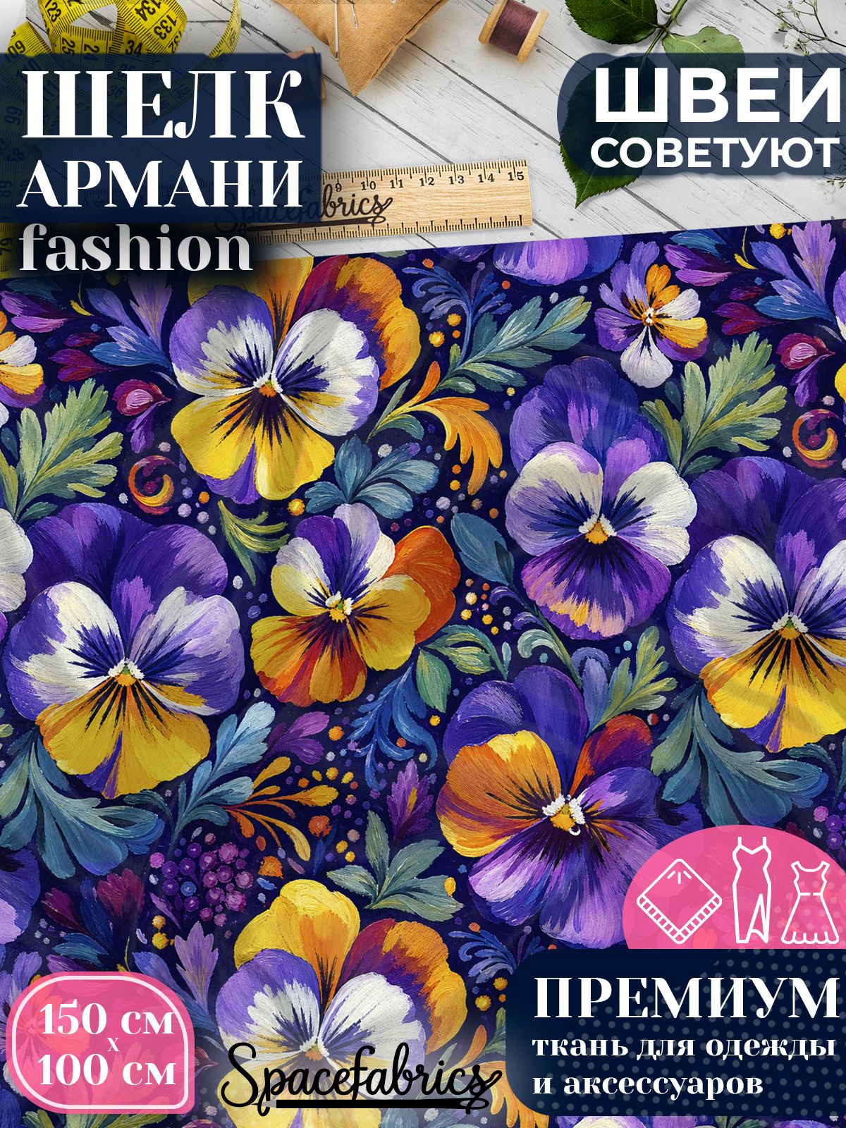 Ткань для шитья шелк Армани, искусственный шелк для костюмов, платьев, юбок с принтом Трёхцветные фиалки
