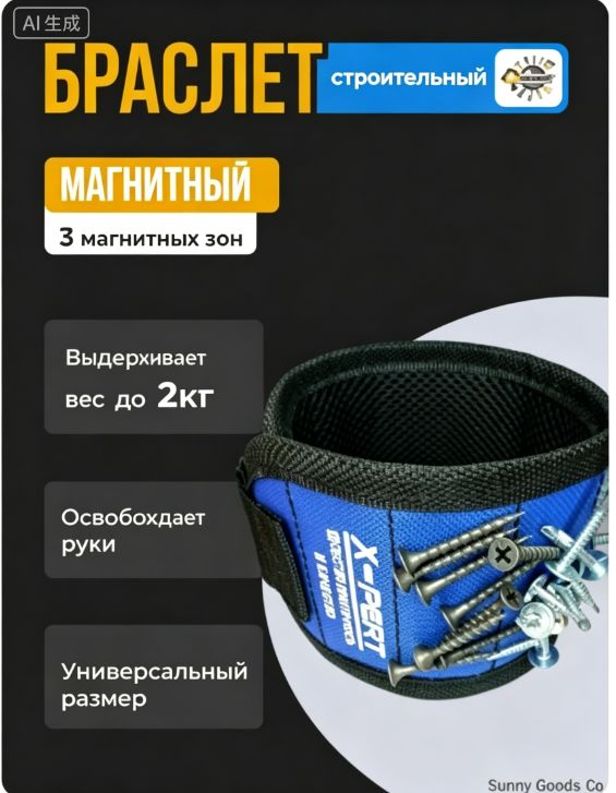 Браслет строительный с магнитом, магнитный браслет строительный, держатель для саморезов на руку, для гвоздей, мелких металлических деталей, на запястье
