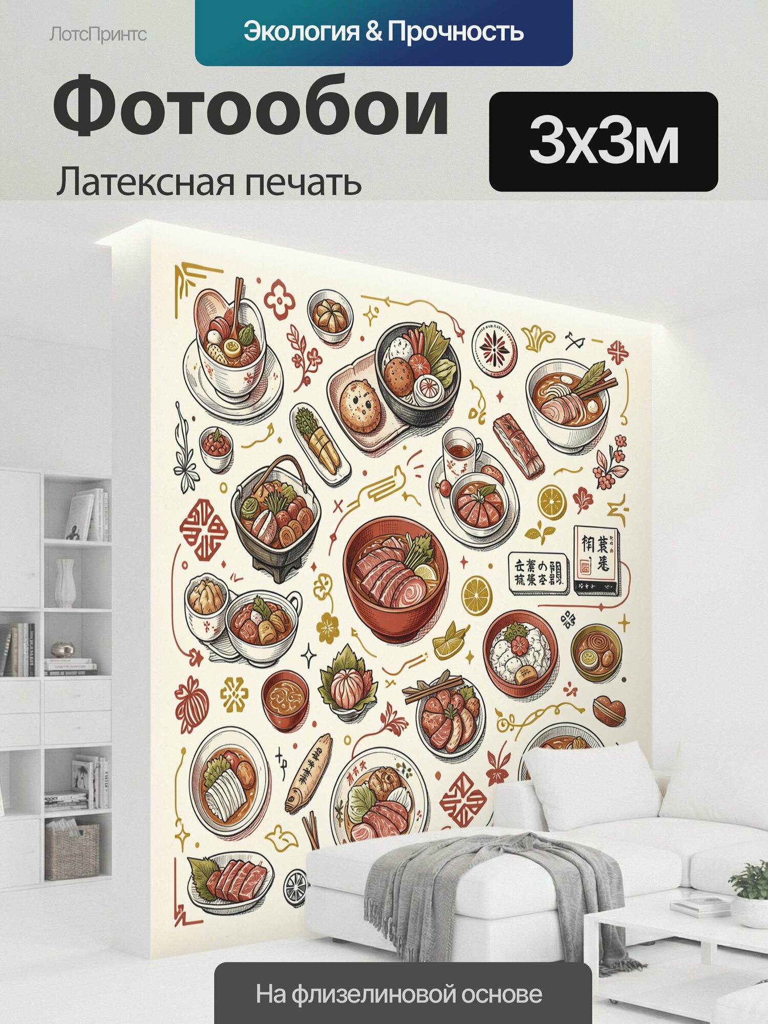 Фотообои моющиеся ударопрочные "Японская кухня в иллюстрациях. Суши, рамен, роллы, сашими, рисовые чаши, лапша, пельмени гёдза и палочки собраны в." 300x300 см. латексная печать