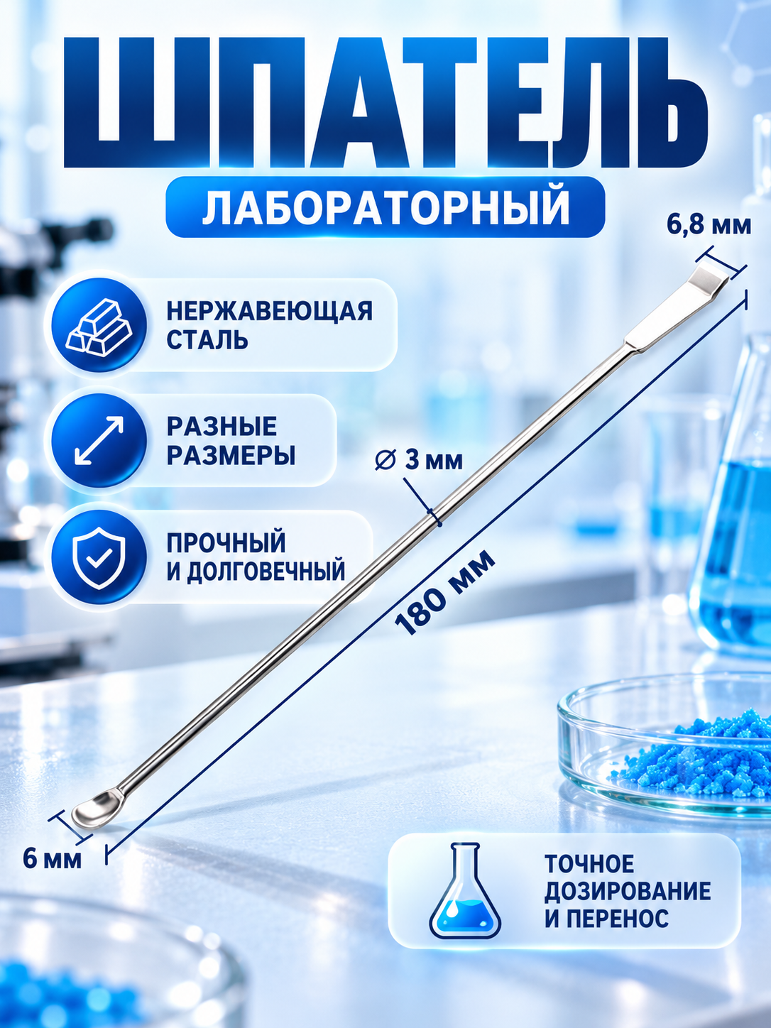 Шпатель лабораторный двусторонний из нержавеющей стали для отбора проб и переноса сыпучих веществ