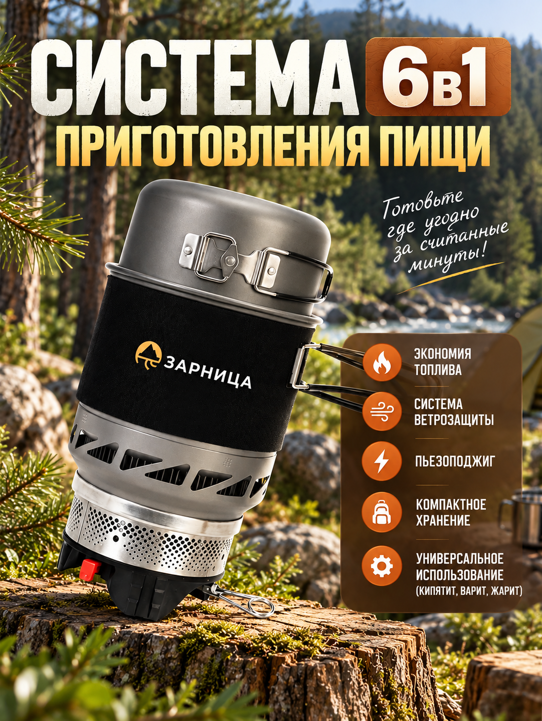 Компактная система приготовления пищи для туризма и отдыха 6в1 - газовая горелка походная 0,9 л с котелком
