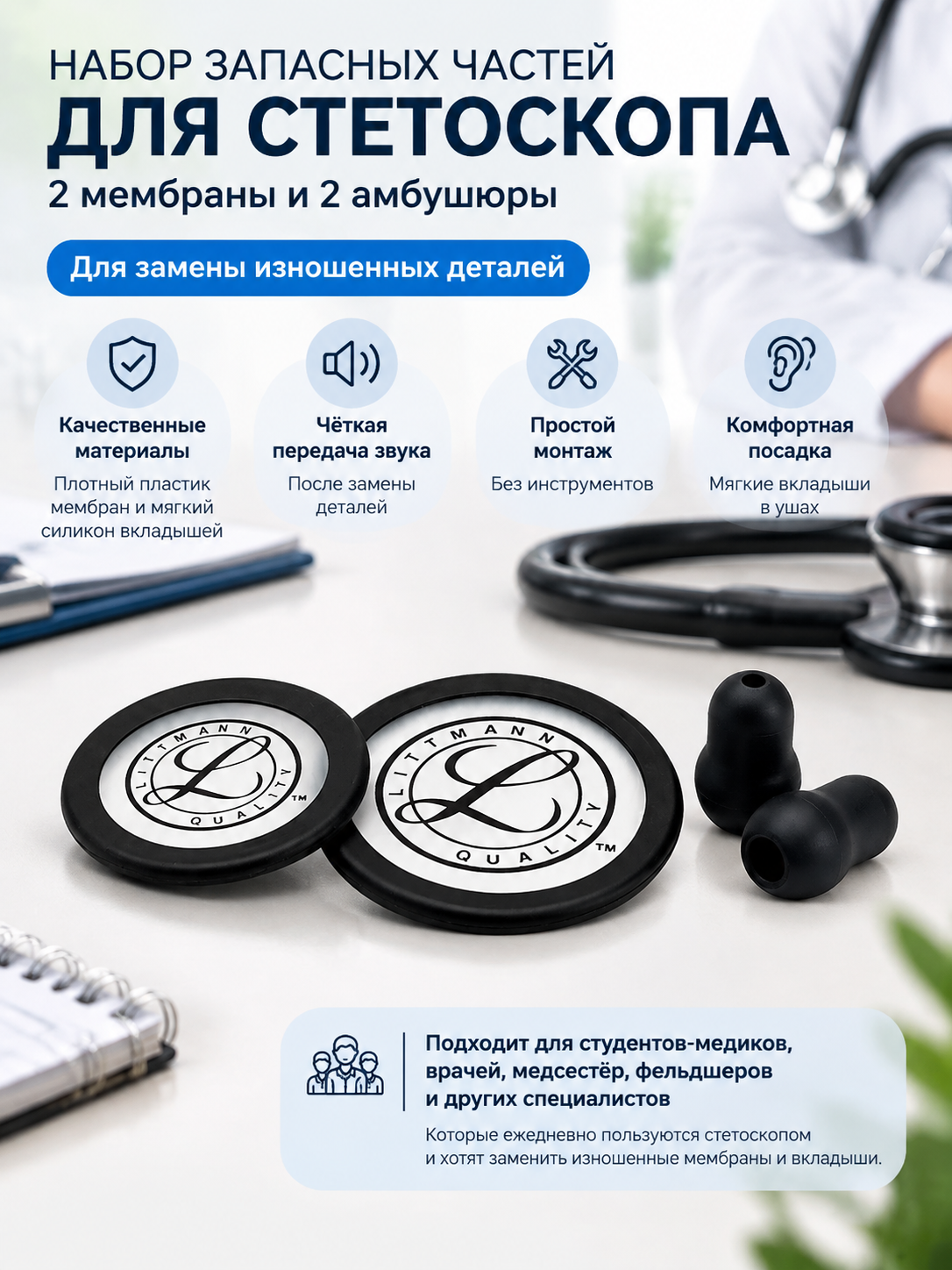Набор запасных частей для стетоскопа: 2 мембраны и 2 амбушюры, черно-белый, для замены деталей