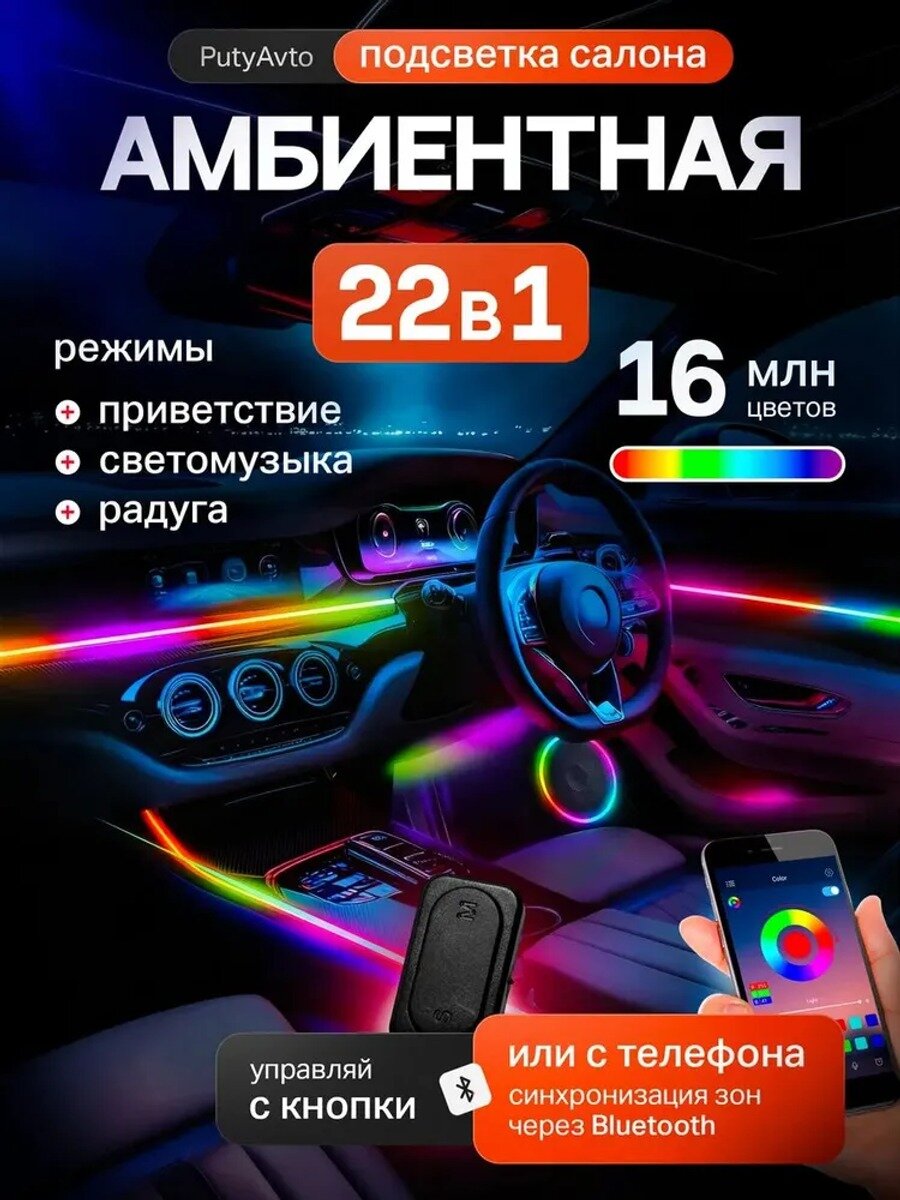 Подсветка салона автомобиля 22в1 контурная амбиентная, 8 шт, ABS пластик, 12