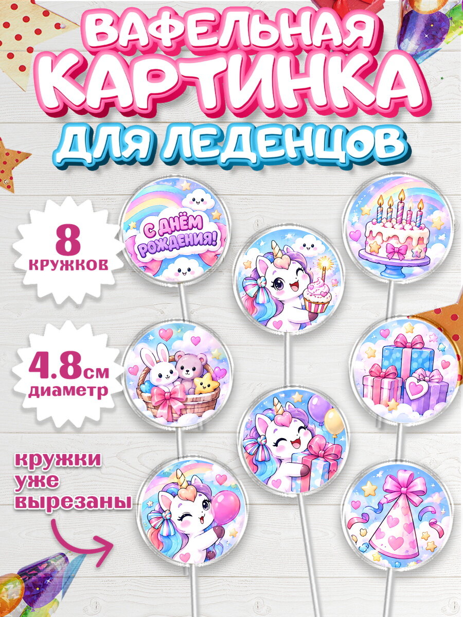 Вафельная картинка для леденцов на торт Единороги девочке в день рождения