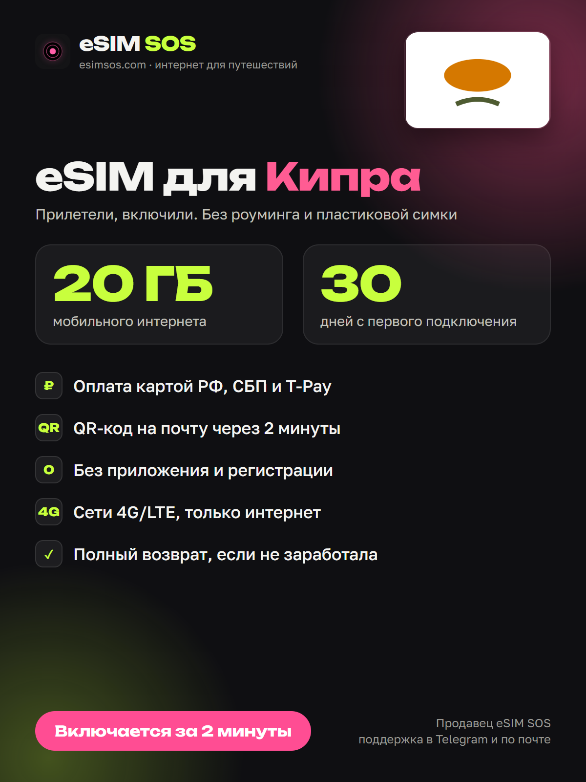 ESIM Кипр 20 ГБ на 30 дней от eSIM SOS — интернет для путешествий, QR-код на почту