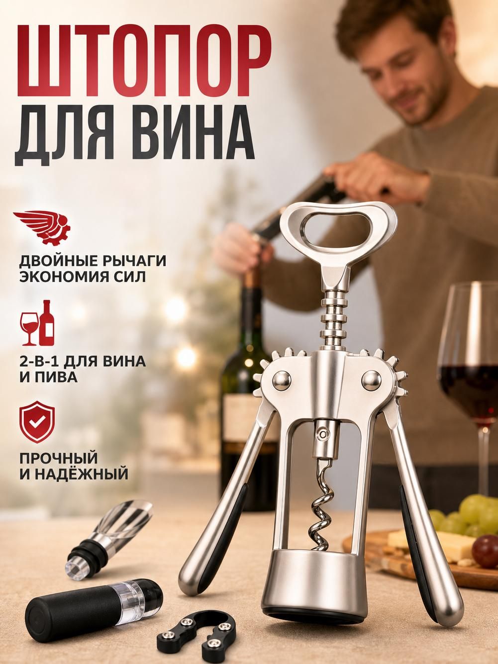 Штопор для вина с двумя рычагами, нержавеющая сталь