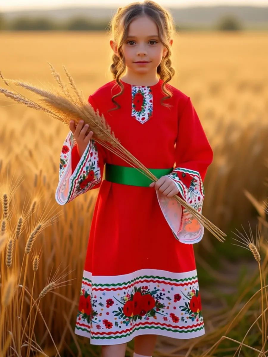 Русское народное платье с цветами для девочки, красный, XL, m1126kr