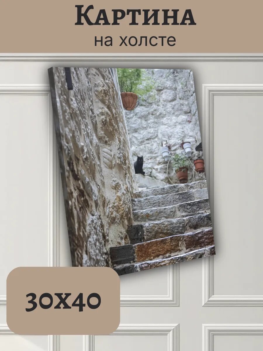 Картина Черногория Montenegro 30x40 с черной кошкой