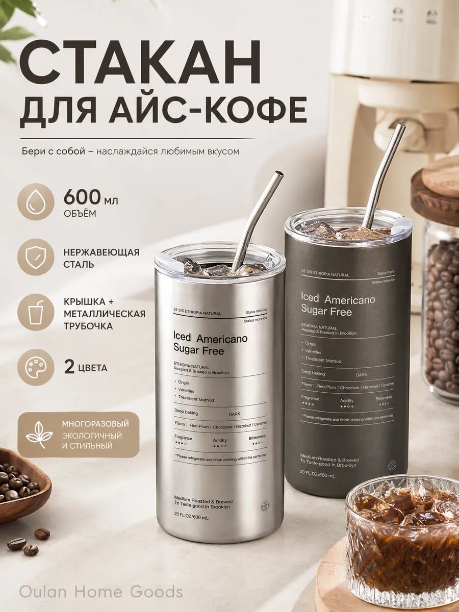 Термокружка для кофе 600 мл для офиса и прогулок из стали