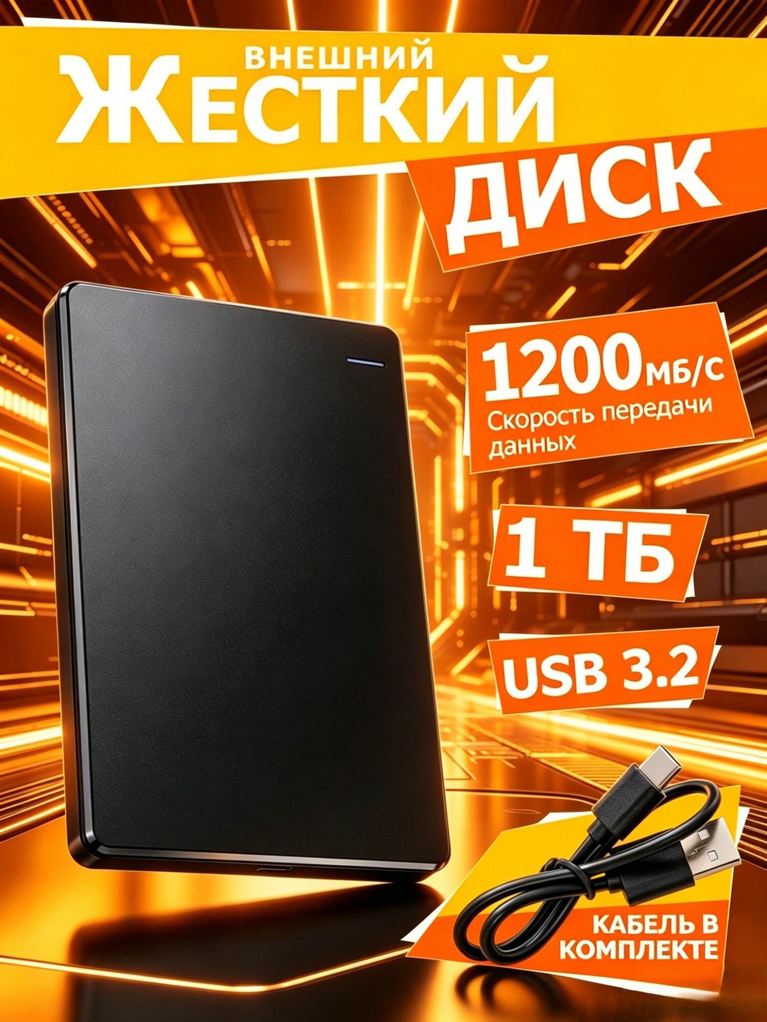 DiskGo 1 ТБ Внешний жесткий диск, Композит, темно-серый, черный