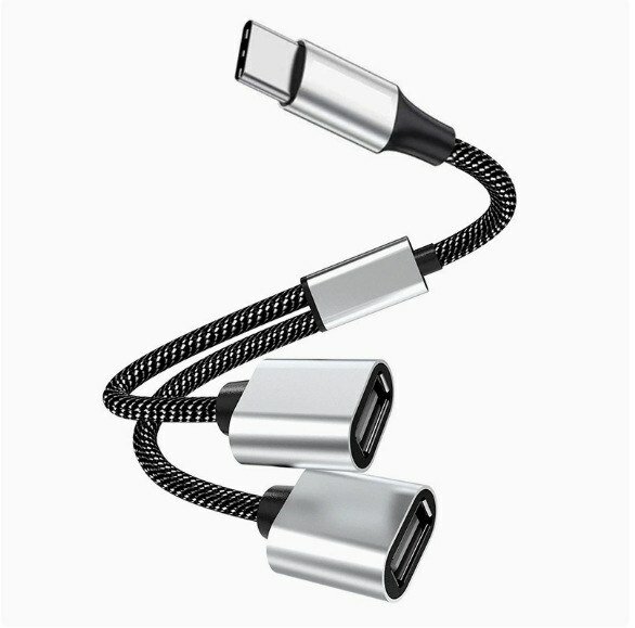 Удобный компактный USB разветвитель с прочной нейлоновой оплеткой для подключения нескольких гаджетов в салоне автомобиля, 0,25 м [зарядка и передача OTG] TypeC → 2 USB