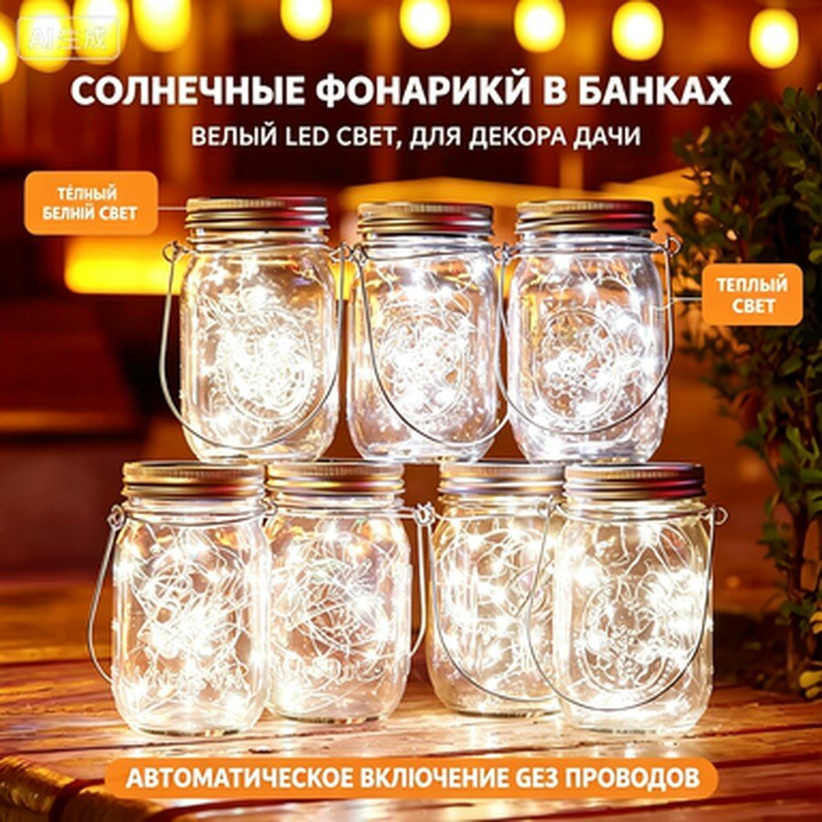 Солнечные фонарики в банках, 1 шт, LED гирлянда для дачи и сада，Эффект зацепления белым светом