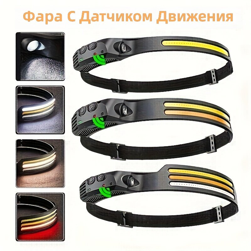 Аккумуляторный COB налобный фонарь с USB-зарядкой, 5 режимов, корпус из ABS-пластика с шлифованной металлической поверхностью, для рыбалки, кемпинга, бега и ремонта, Модель 1 COB