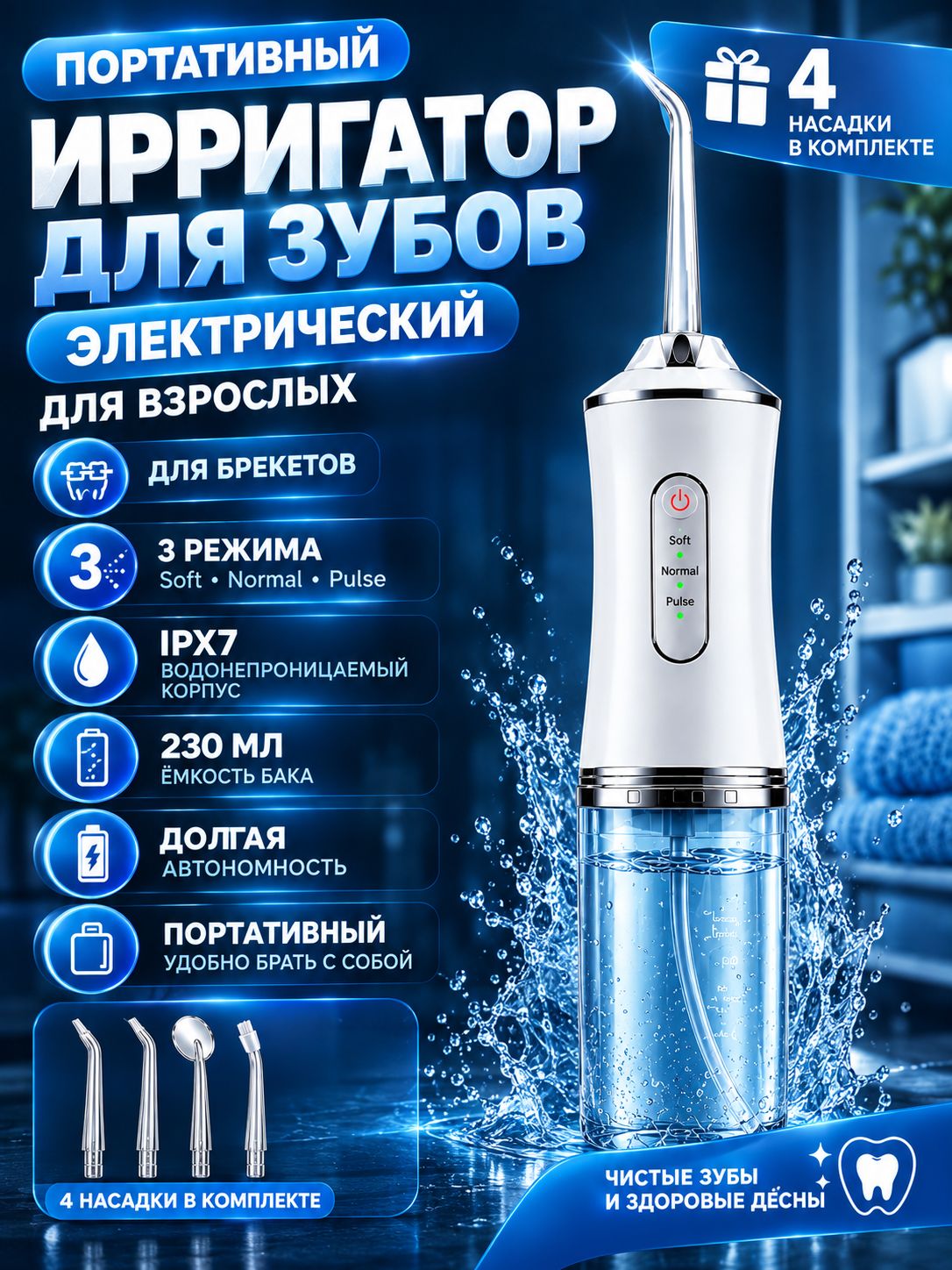 Ирригатор для зубов взрослый электрический с зарядкой, 3 режима, для зубов и десен, для брекетов