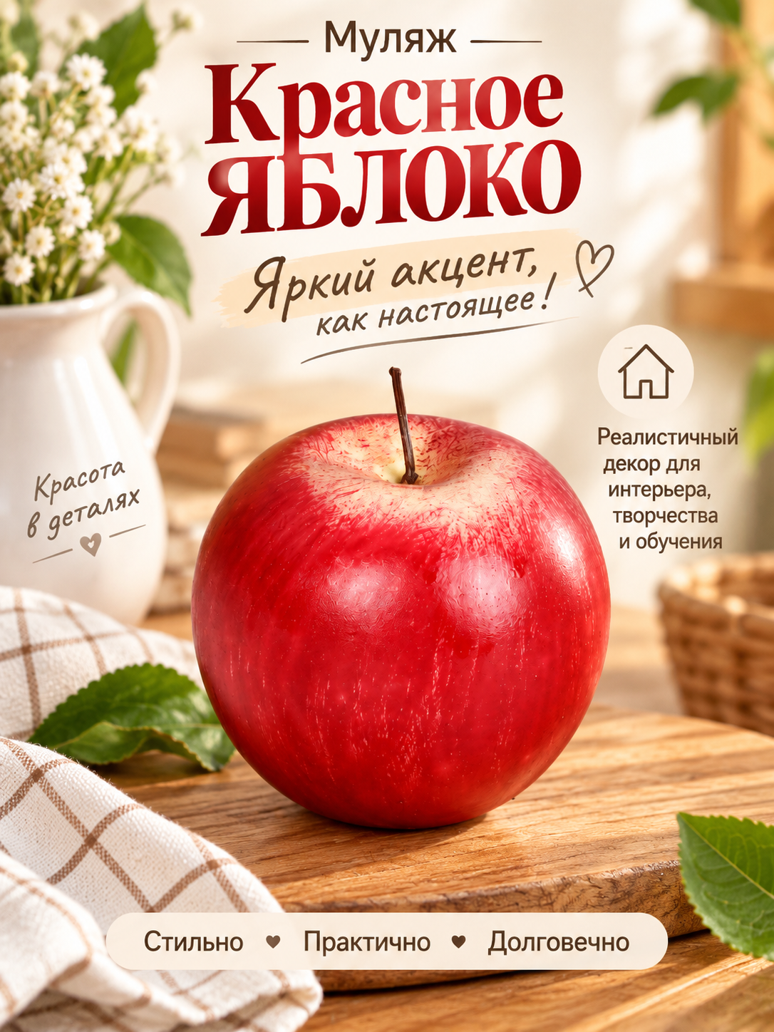 Муляж яблока красный 8 см, искусственный фрукт для декора, фотозоны и обучения