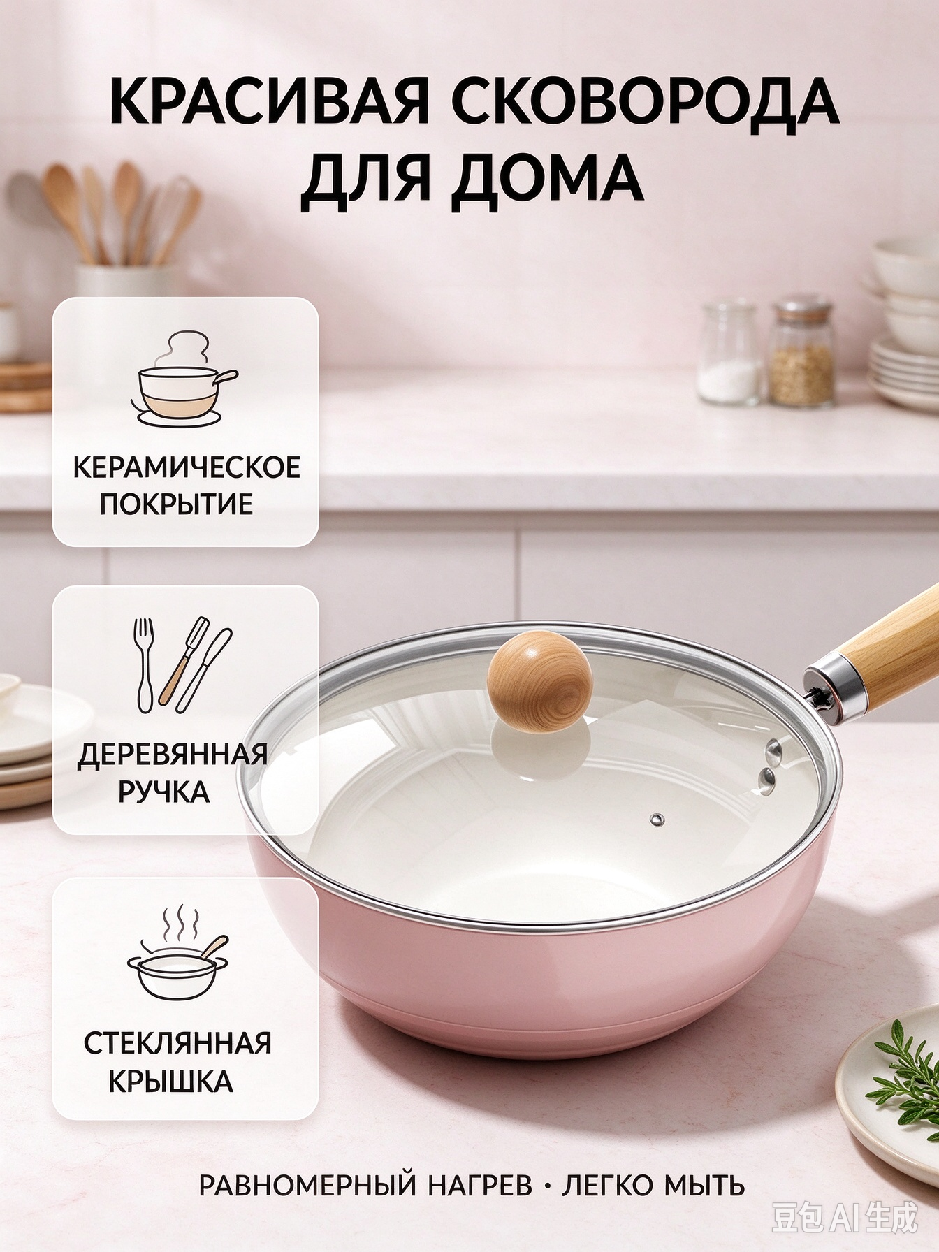 Сковорода керамическая 24 см с крышкой, антипригарная розовая для дома, жарка тушение