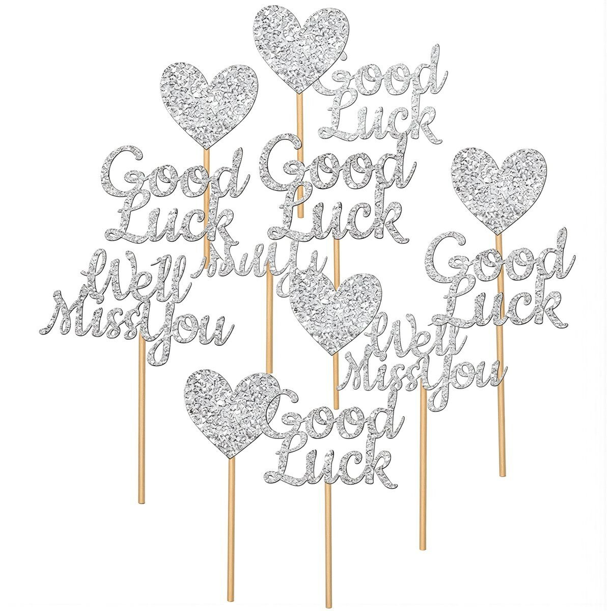 Топперы для капкейков 12 штук золотые блестящие с надписями Good Luck Well Miss You сердце для праздничного оформления торжеств