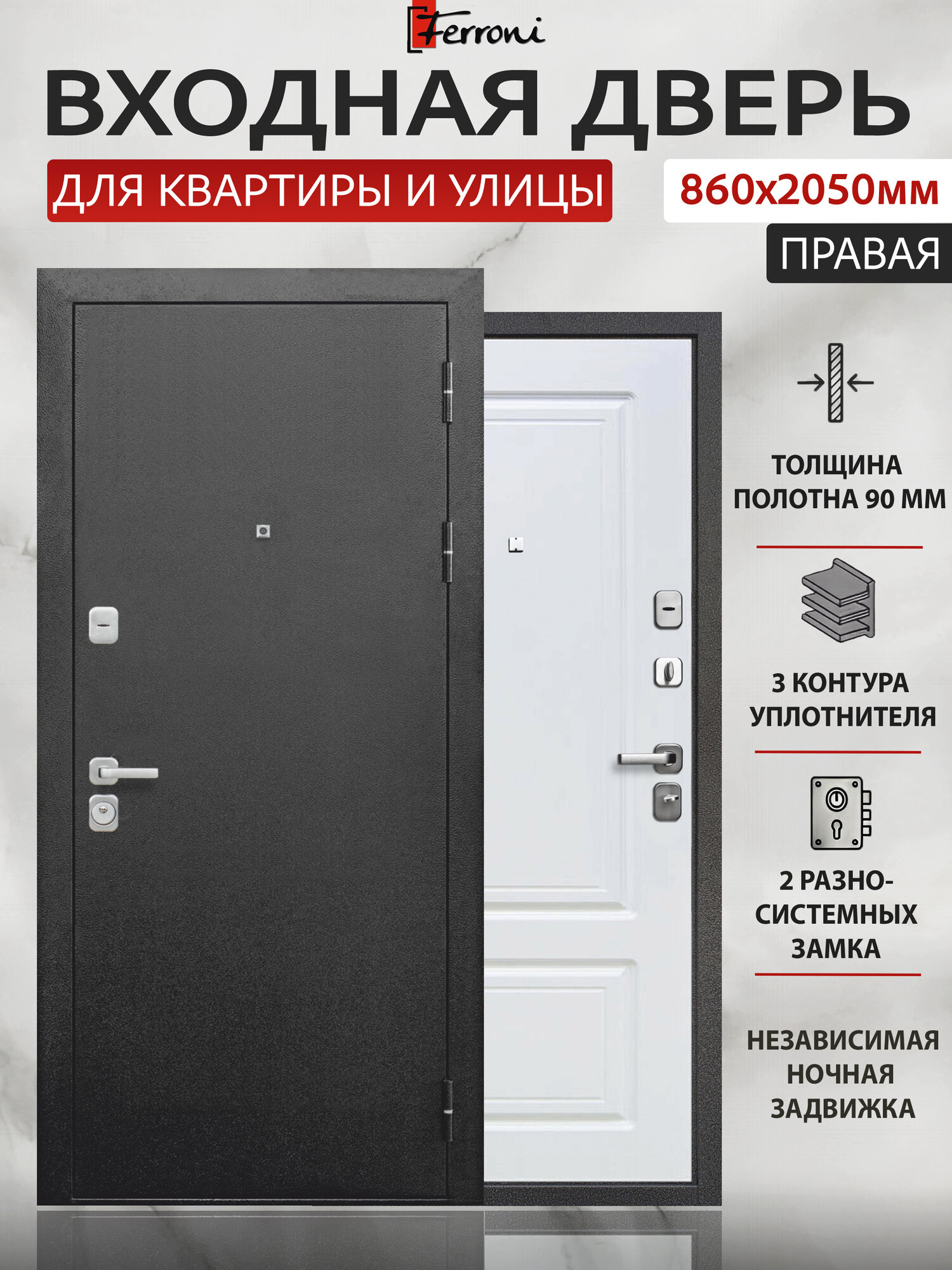 Входная дверь Ferroni Толстяк Букле Черный Белый Ясень (860мм) правая