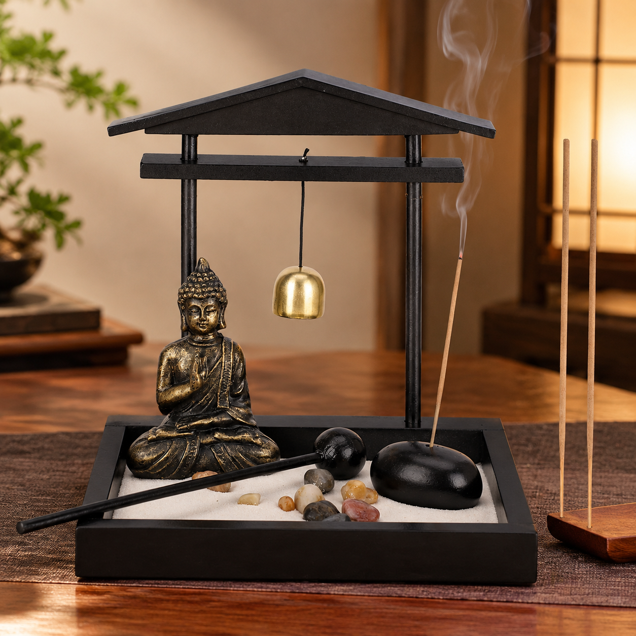 Premium Quality Resin Zen Buddha Statue with Sand Tray Decoration Black Modern Home Decor Ornament for Living Room Coffee Table Centerpiece Craft1906 Size 170X160X100 mm Calm Peaceful Gift