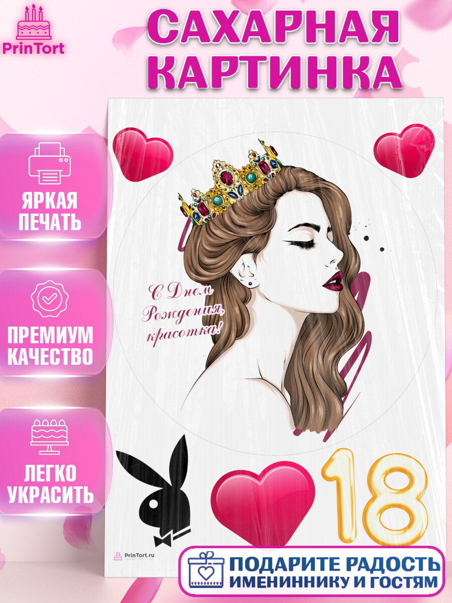 Сахарная картинка для торта Девушке 18 лет. Украшения для торта девочке на День Рождения. Декор для выпечки PrinTort