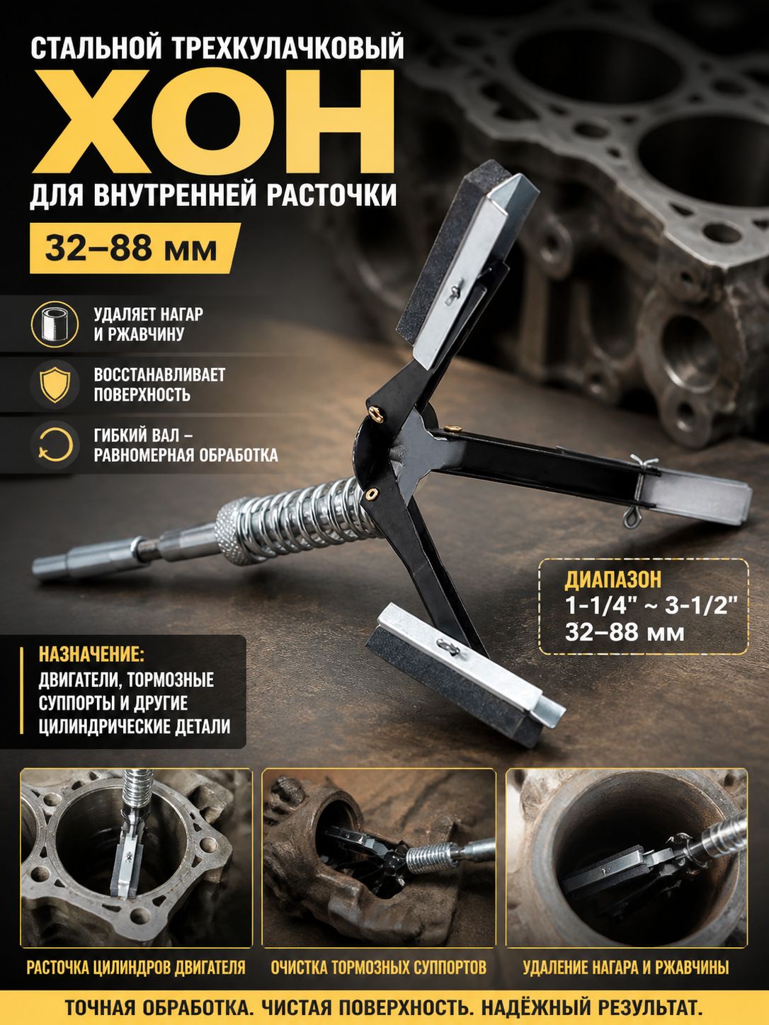 32-88mm Стальной трехкулачковый хон для внутренней расточки цилиндров, гибкий вал, для удаления нагара и ржавчины стенок цилиндров двигателя и тормозных суппортов