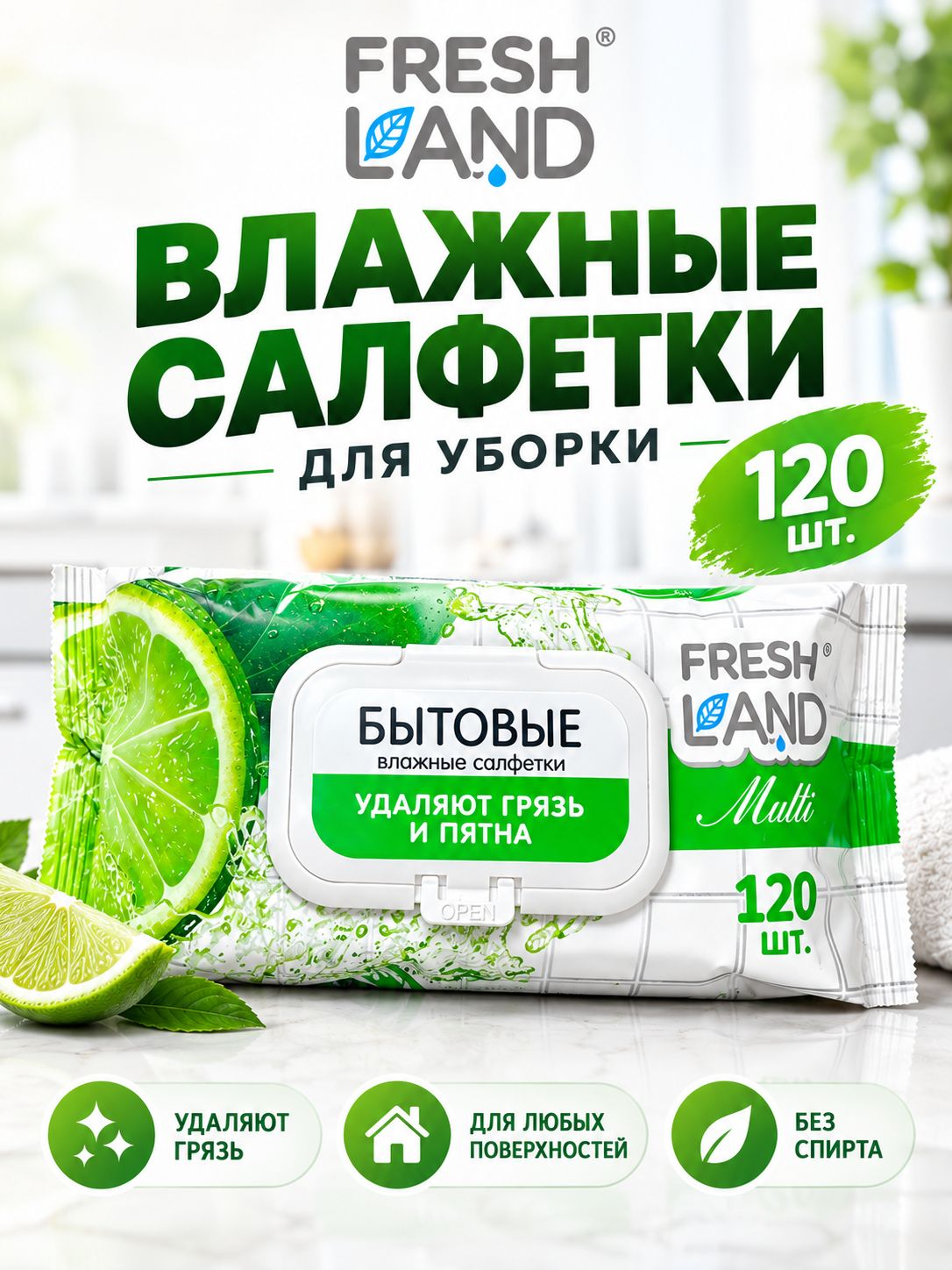 Влажные салфетки "Freshland" Бытовые влажные салфетки 120 шт Махито Удаляют Пятна