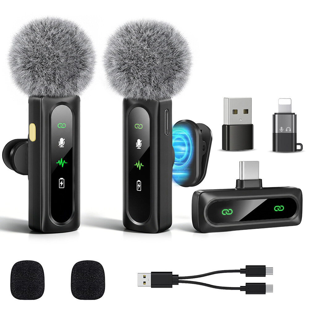 S3 Беспроводной петличный микрофон для смартфона, 2R1T Type-C, адаптер Apple, USB кабель, ветрозащита, HD шумоподавление